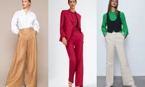 Tre modi per abbinare pantaloni di lino: con camicia bianca e sandali, con blazer e top coordinati, o con camicia verde e gilet.