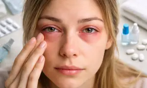 Ragazza con occhi gonfi al mattino, che si tocca il viso. Sullo sfondo, confezioni di medicinali e flaconi.