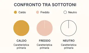 Confronto tra tonalità di pelle: caldo (giallo ocra), freddo (rosa pallido) e neutro (cerchio vuoto).
