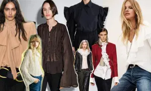 Modelli con camicie eleganti, una con maglia con maniche volant e dettagli in pizzo, un'altra con camicia nera a sbuffo.