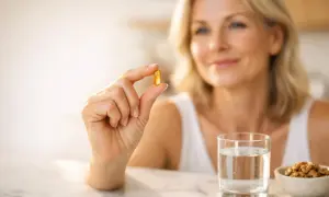 Donna sorridente tiene in mano una capsula gialla, forse per scoprire a cosa serve il coenzima q10. Accanto, un bicchiere d'acqua e una ciotola di noci.