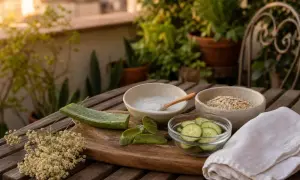 Aloe, cetriolo e avena: ingredienti naturali per lenire il prurito. Una ciotola con crema, fiorellini secchi e un asciugamano completano la scena.