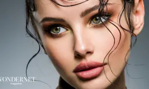 Occhi verdi intensi e labbra sensuali con un audace trucco grafico, capelli bagnati che incorniciano il viso.