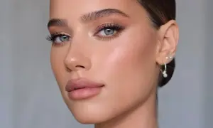 Viso di donna con un trucco giorno naturale, labbra morbide e occhi luminosi.