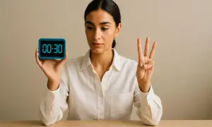 Donna mostra un timer a 30 secondi e tre dita, un metodo per come alleviare lo stress con brevi pause.