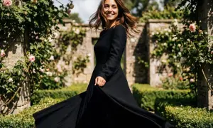 Donna sorridente in un abito con gonnellone lungo nero, che volteggia in un giardino fiorito con rose rosa e un muro di pietra.