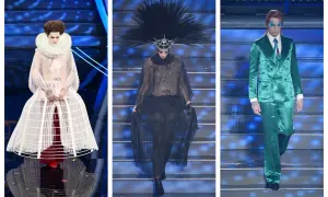 Tre look audaci sul palco di Sanremo: un abito rosa con crinolina, un completo nero trasparente con piume e un completo verde smeraldo.