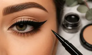 Occhio con eyeliner nero definito, pennarello per trucco e prodotti per il make-up. Impara come mettere eyeliner per uno sguardo magnetico.