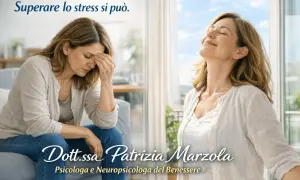 Donna sofferente per lo stress, poi serena e rilassata. Dott.ssa Patrizia Marzola, psicologa, ti aiuta a curare lo stress.