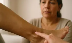 Una donna indica la caviglia gonfia di un'altra persona, suggerendo possibili ritenzione idrica rimedi.