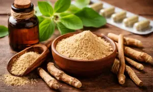 Radici, polvere e capsule di ashwagandha. Informazioni su possibili ashwagandha effetti collaterali.