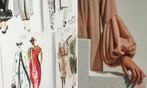 Schizzi di abiti eleganti e un dettaglio di una manica a sbuffo in seta color pesca, ispirazione per frasi sulla moda.