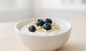 Una ciotola di yogurt bianco con mirtilli e mandorle a lamelle, perfetta per uno spuntino serale leggero e nutriente.