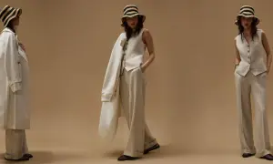Modelli mostrano come indossare gilet donna con pantaloni ampi e trench leggero, completando il look con cappello a righe.