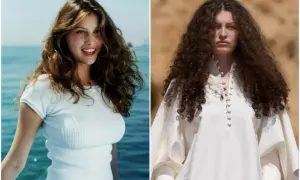 Due immagini affiancate: a sinistra, una giovane donna sorridente con capelli mossi e maglietta bianca; a destra, la stessa persona, Athena Accorsi oggi, con capelli ricci e abito bianco.
