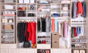 Un armadio ben organizzato con abiti, scarpe, borse e accessori. Un esempio di come organizzare l'armadio per uno spazio ordinato.