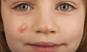 Primo piano del viso di una bambina con un angioma rubino sulla guancia. Si cercano rimedi naturali per questa condizione.