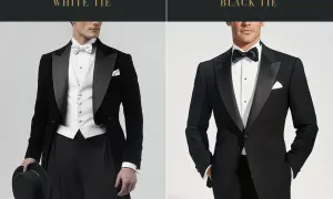 Uomo in abito da sera con giacca a coda di rondine e papillon nero, perfetto per un evento con **black tie dress code**.