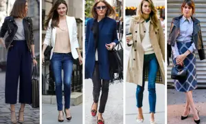 Cinque donne mostrano come vestirsi bene con outfit eleganti: giacche in pelle, blazer, cappotti, jeans e gonne.