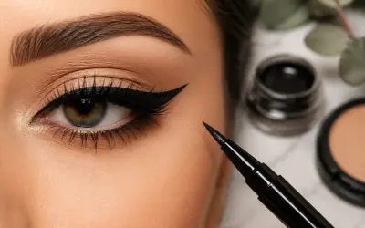 Occhio con eyeliner nero definito, pennarello per trucco e prodotti per il make-up. Impara come mettere eyeliner per uno sguardo magnetico.