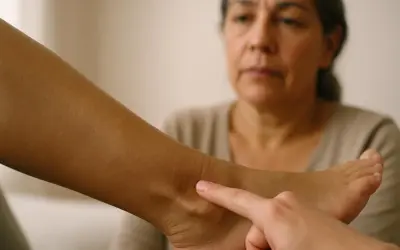 Una donna indica la caviglia gonfia di un'altra persona, suggerendo possibili ritenzione idrica rimedi.