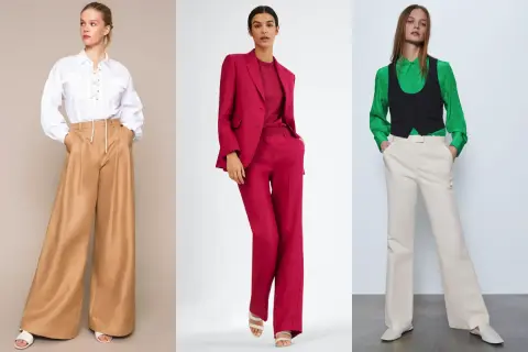 Tre modi per abbinare pantaloni di lino: con camicia bianca e sandali, con blazer e top coordinati, o con camicia verde e gilet.