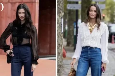 Due donne indossano camicie con rouches: una nera trasparente con pantaloni blu, l'altra bianca con jeans e maxi collana.