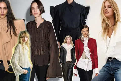 Modelli con camicie eleganti, una con maglia con maniche volant e dettagli in pizzo, un'altra con camicia nera a sbuffo.