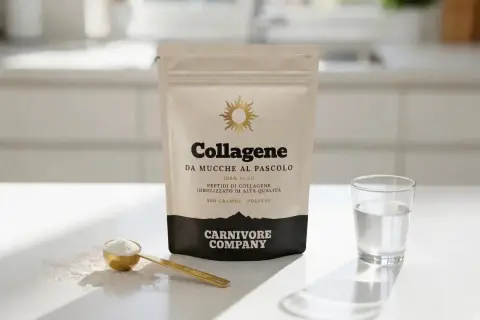 Busta di collagene da mucche al pascolo, con misurino dorato e bicchiere d'acqua. Nessun dato indica che il collagene fa male al fegato.