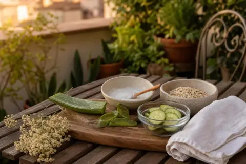 Aloe, cetriolo e avena: ingredienti naturali per lenire il prurito. Una ciotola con crema, fiorellini secchi e un asciugamano completano la scena.