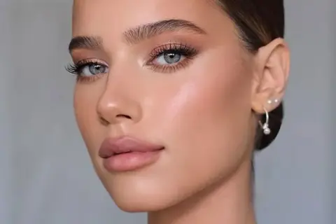 Viso di donna con un trucco giorno naturale, labbra morbide e occhi luminosi.