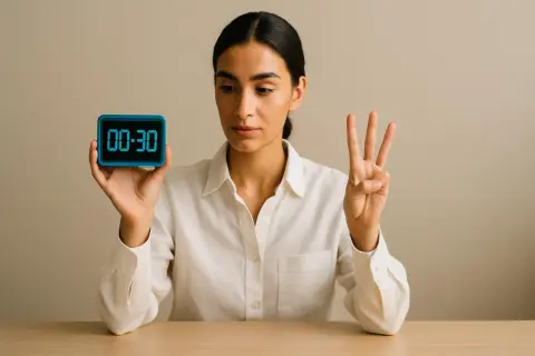Donna mostra un timer a 30 secondi e tre dita, un metodo per come alleviare lo stress con brevi pause.
