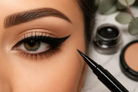 Occhio con eyeliner nero definito, pennarello per trucco e prodotti per il make-up. Impara come mettere eyeliner per uno sguardo magnetico.
