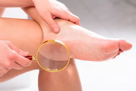 Mano che esamina con lente d'ingrandimento la pelle di un piede, evidenziando la presenza di calli.