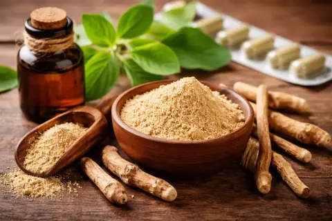 Radici, polvere e capsule di ashwagandha. Informazioni su possibili ashwagandha effetti collaterali.