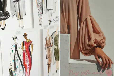 Schizzi di abiti eleganti e un dettaglio di una manica a sbuffo in seta color pesca, ispirazione per frasi sulla moda.