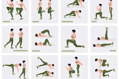 Esercizi per allenare i glutei: high knees, butt kicks, mountain climbers, lunges, glute bridge, donkey kicks e altri per rassodare i glutei.