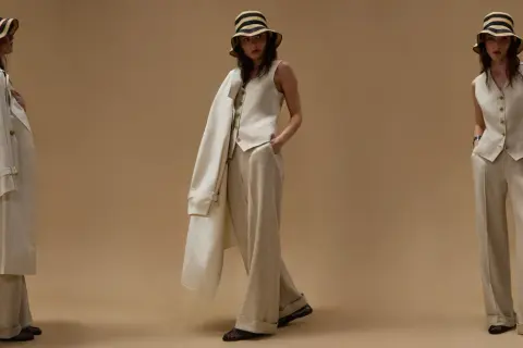 Modelli mostrano come indossare gilet donna con pantaloni ampi e trench leggero, completando il look con cappello a righe.