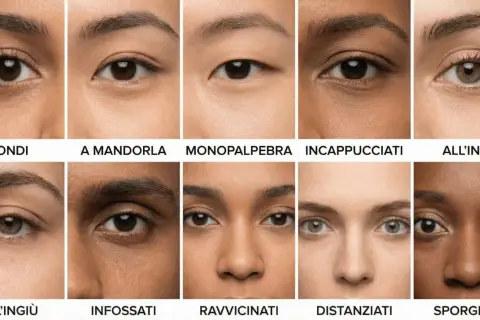 Dieci tipi di occhi diversi: tondi, a mandorla, monopalpebra, incappucciati, all'insù, all'ingiù, infossati, ravvicinati, distanziati, sporgenti.