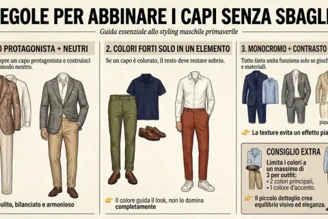 Illustrazione di outfit maschili: un completo con giacca a righe, un look con pantalone colorato e polo, e abbinamenti monocromatici con texture diverse.