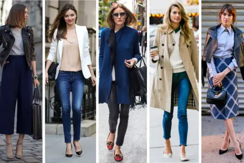 Cinque donne mostrano come vestirsi bene con outfit eleganti: giacche in pelle, blazer, cappotti, jeans e gonne.