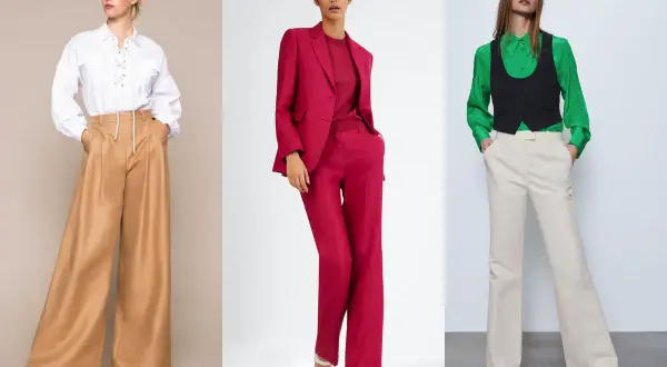 Tre modi per abbinare pantaloni di lino: con camicia bianca e sandali, con blazer e top coordinati, o con camicia verde e gilet.