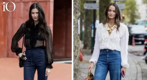 Due donne indossano camicie con rouches: una nera trasparente con pantaloni blu, l'altra bianca con jeans e maxi collana.