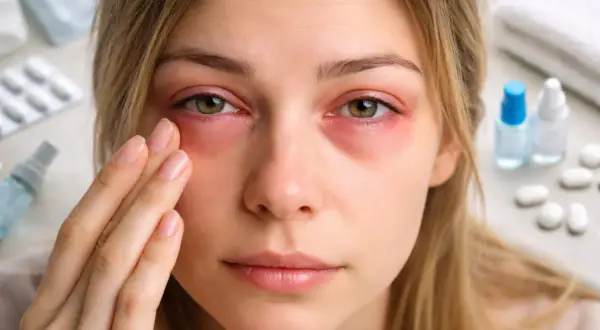 Ragazza con occhi gonfi al mattino, che si tocca il viso. Sullo sfondo, confezioni di medicinali e flaconi.