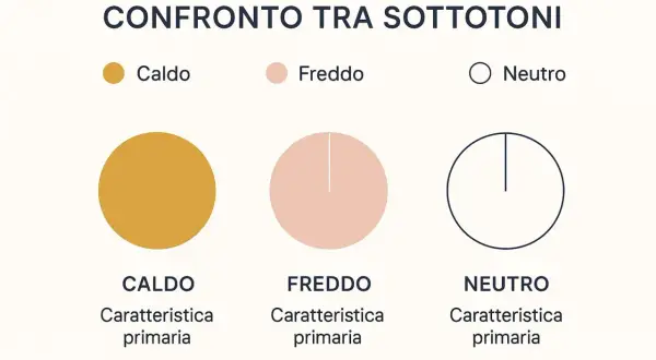 Confronto tra tonalità di pelle: caldo (giallo ocra), freddo (rosa pallido) e neutro (cerchio vuoto).