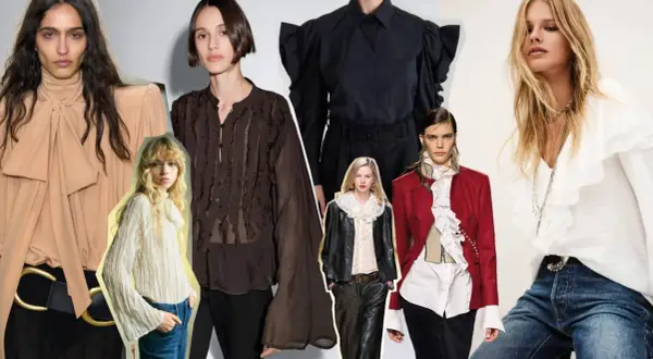 Modelli con camicie eleganti, una con maglia con maniche volant e dettagli in pizzo, un'altra con camicia nera a sbuffo.