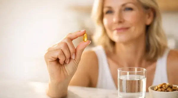 Donna sorridente tiene in mano una capsula gialla, forse per scoprire a cosa serve il coenzima q10. Accanto, un bicchiere d'acqua e una ciotola di noci.