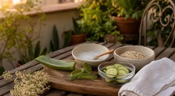 Aloe, cetriolo e avena: ingredienti naturali per lenire il prurito. Una ciotola con crema, fiorellini secchi e un asciugamano completano la scena.