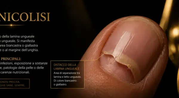 Unghia con onicolisi: la pellicina si stacca dal letto ungueale, mostrando un'area biancastra.