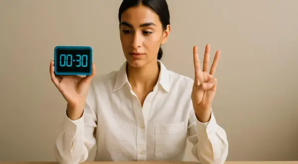 Donna mostra un timer a 30 secondi e tre dita, un metodo per come alleviare lo stress con brevi pause.